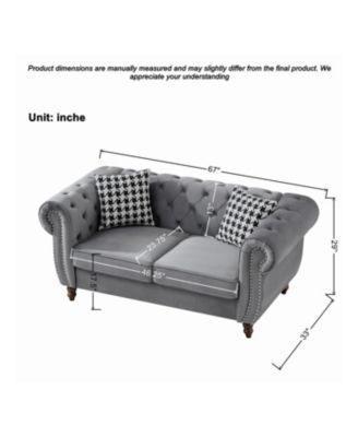 Streamdale Chesterfield Velvet Sofa Set, Roll Arm, Nailhead Trim, Gray