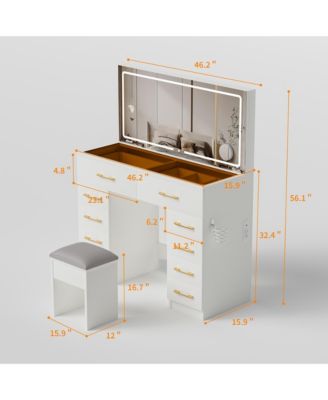 46" Glass Top Vanity Desk with Mirror, Stool, Power Outlet