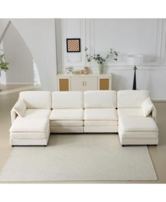 Streamdale Plush Cloud Modular Sofa- 4-Seater + 2 Footstools, Beige Chenille Cushions & Pillows