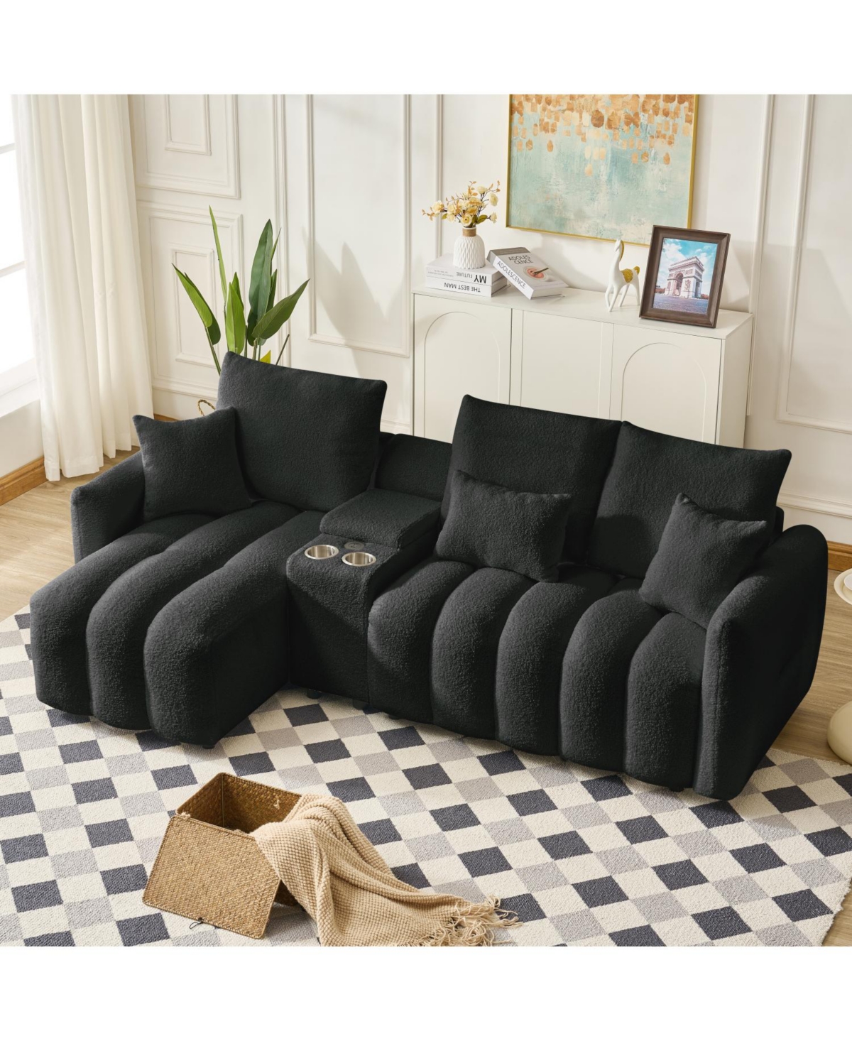 Streamdale Furniture Teddy Fabric Sectional Sofa with Console, Usb & Cup Holder