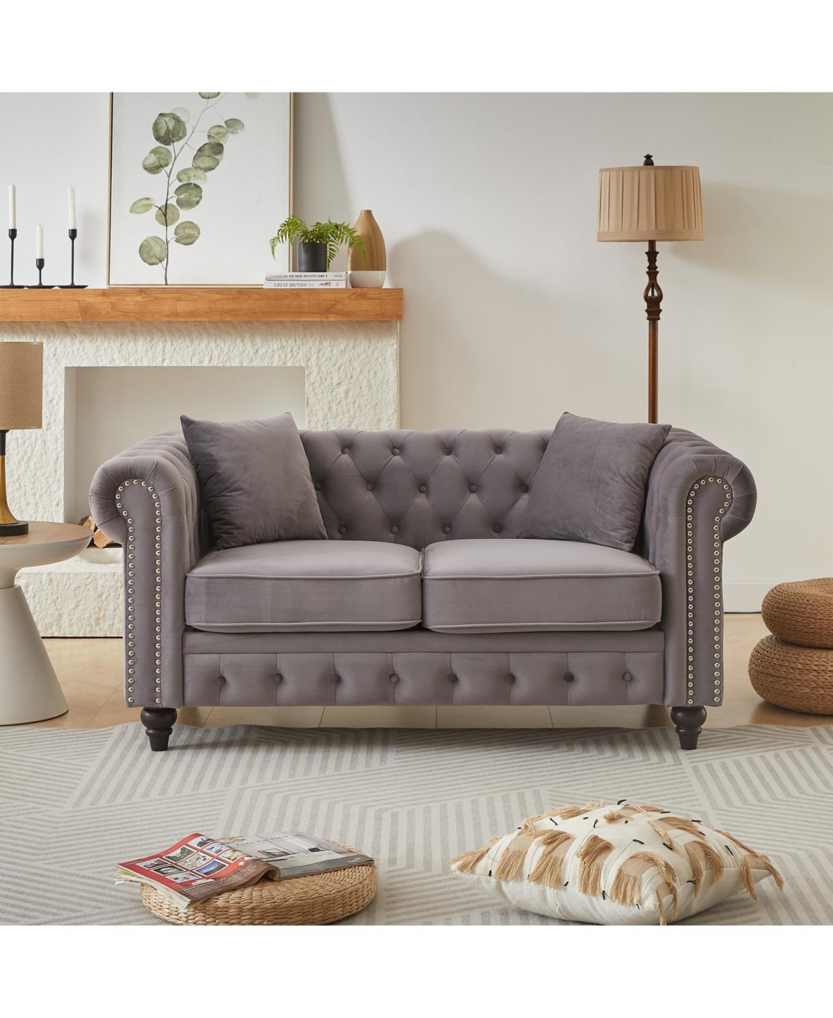Streamdale Furniture Modern Velvet Chesterfield Sofa with Nailhead Arms