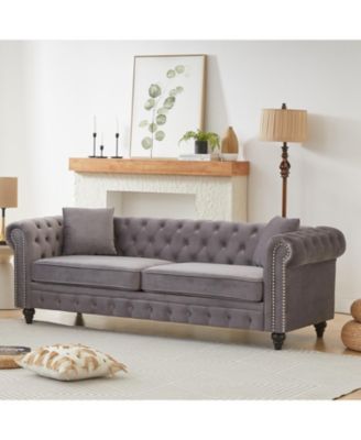 Velvet Chesterfield Sofa 85.5" Rolled Arms 3 Seater Button Design + 2 Cushions