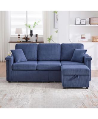 L-Shaped Sectional Sofa w/ Storage Ottoman, USB, Cup Holder, Corduroy