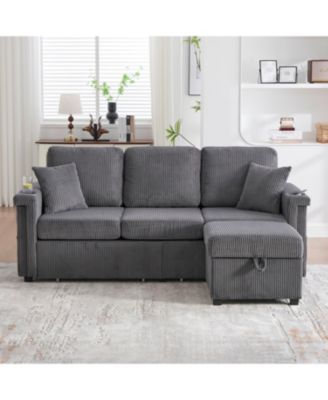 L-Shaped Sectional Sofa w/ Storage Ottoman, USB, Cup Holder, Corduroy