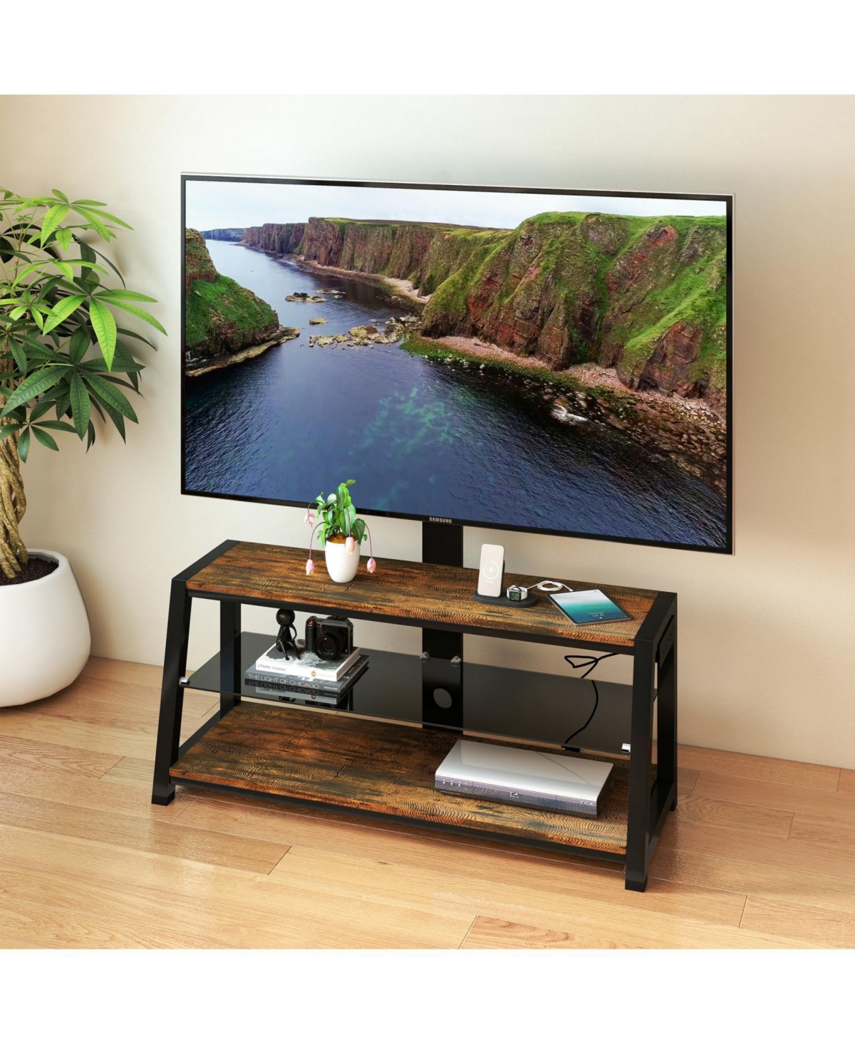 Streamdale Furniture Wooden Tv Stand with Mount, Swivel, Adjustable, Rustic Brown