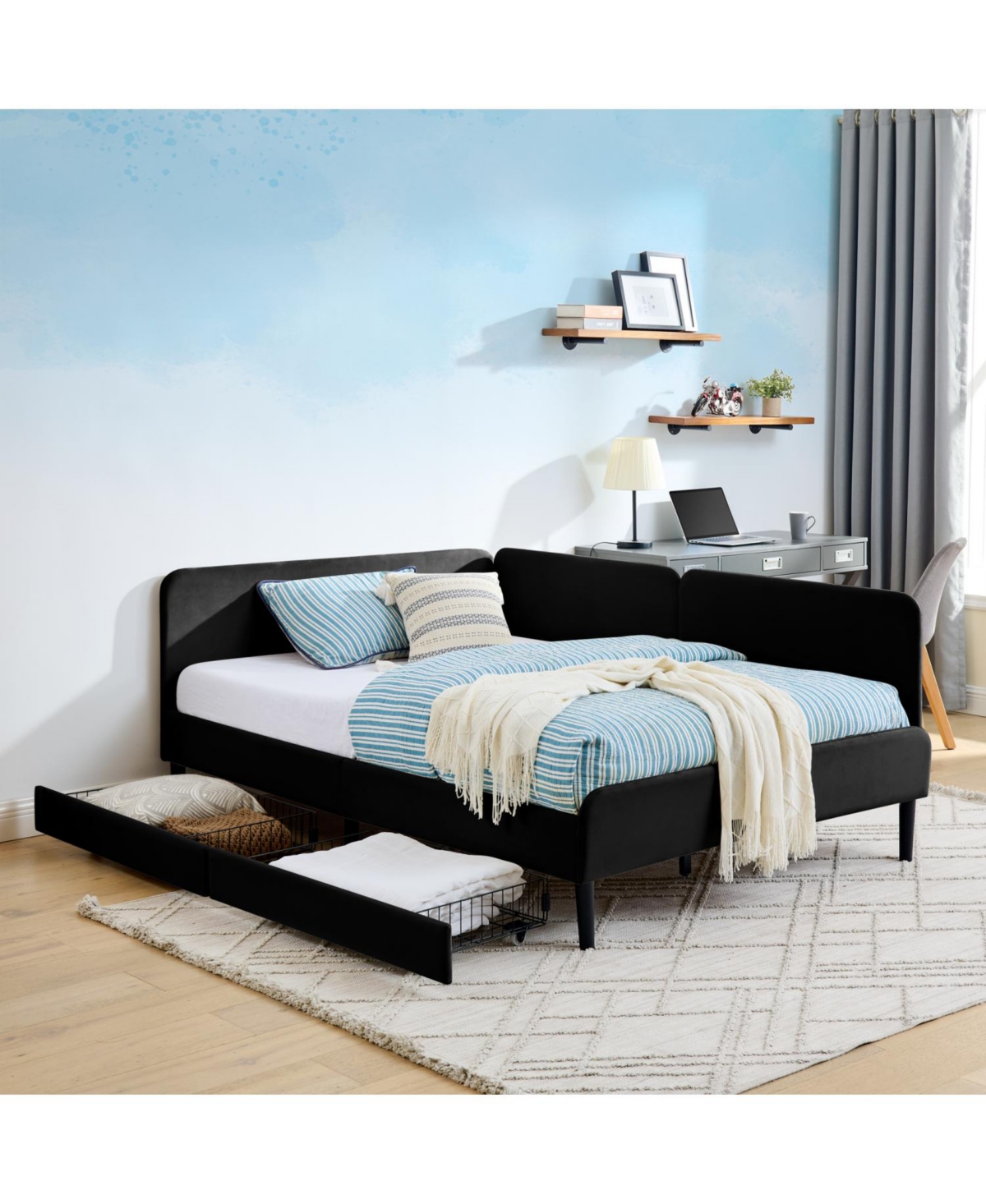 Streamdale Furniture Upholstered Platform Bed Frame w/ 2 Drawers, Adjustable Velvet, Black