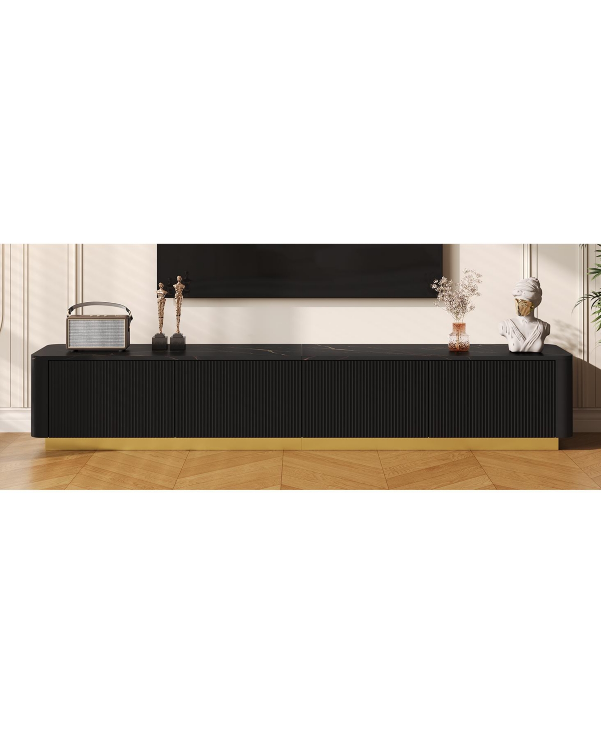 Streamdale Furniture Streamdale Luxury Fluted Tv Stand - 85", Faux Marble, 4 Drawers, Gold Base