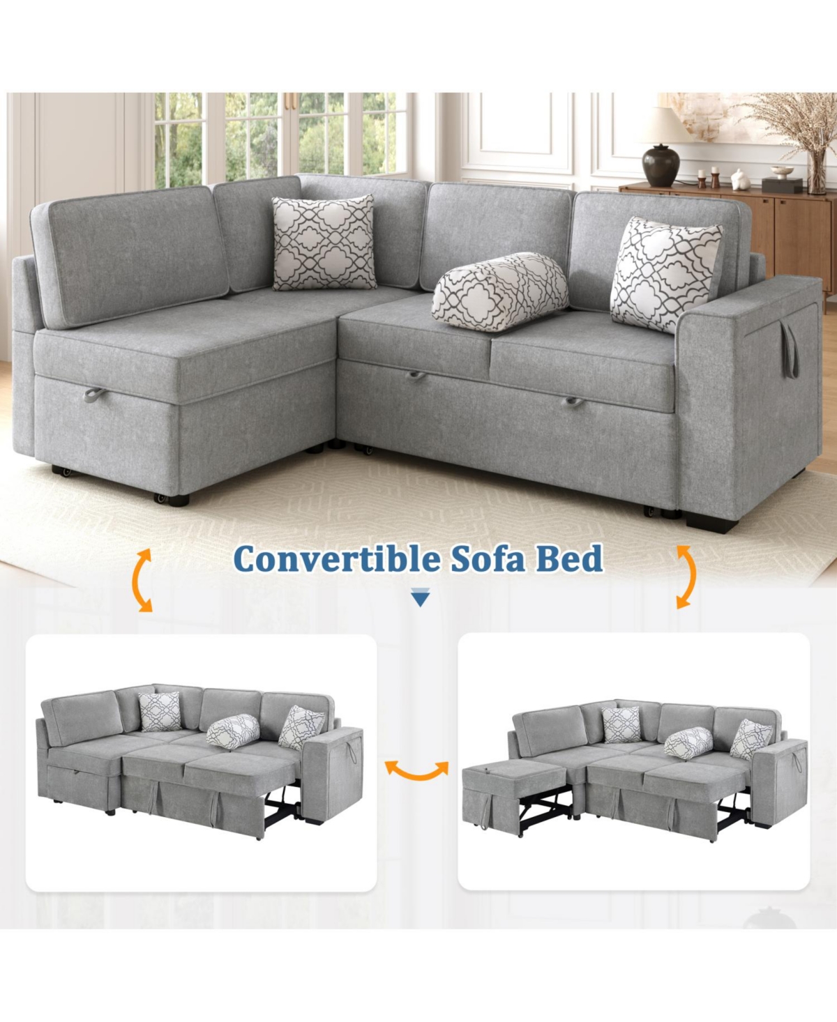 Streamdale Furniture Convertible Sectional Sofa Bed w/ Pull-Out Sleepers, Table, Usb, Storage
