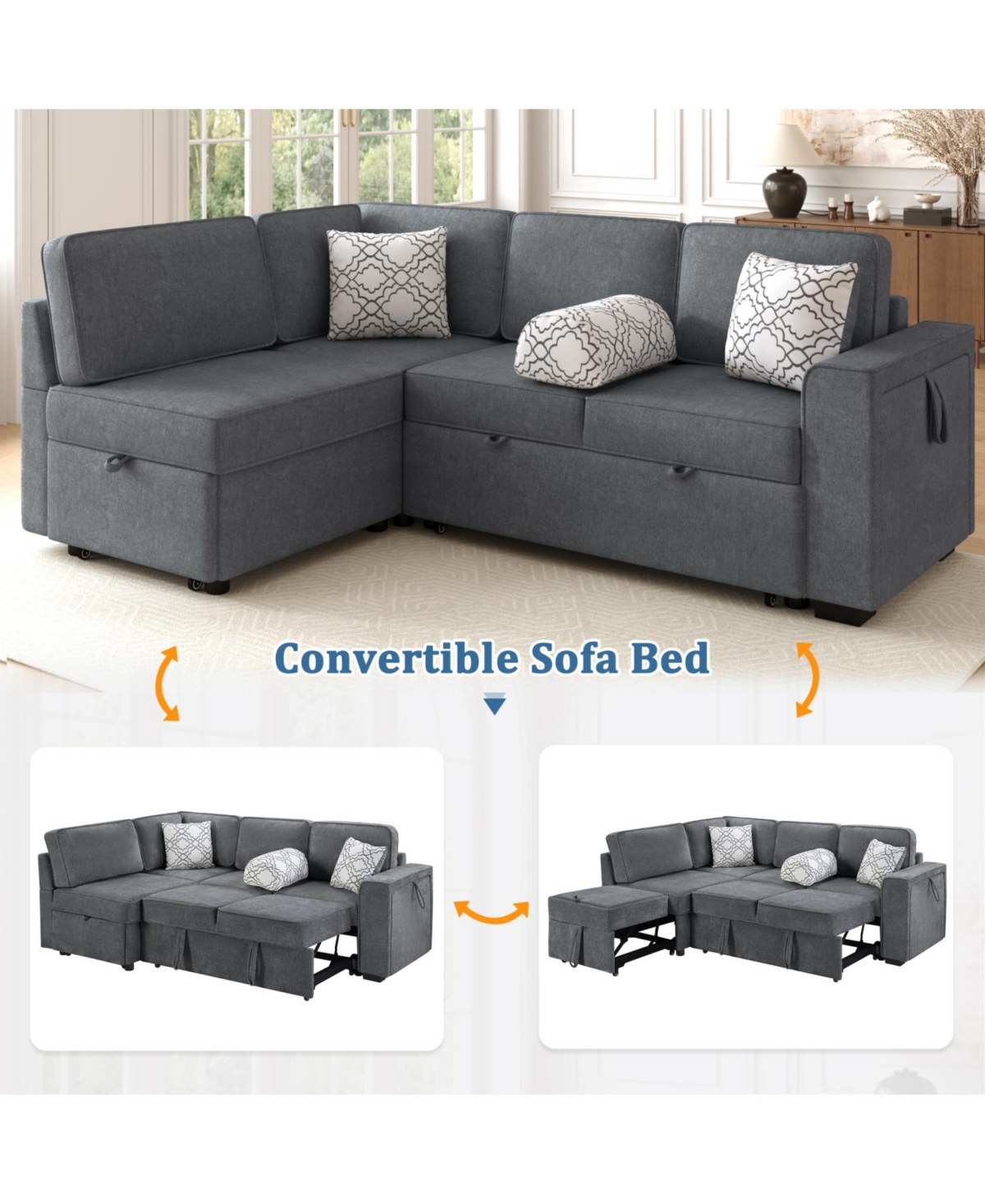 Streamdale Convertible Sectional Sofa Bed w/ Pull-Out Sleepers, Table, Usb, Storage - Dark Gray