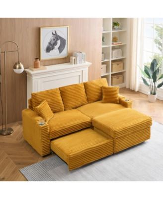  80" Corduroy Sofa with Reclining, Footstool, Cup Holders