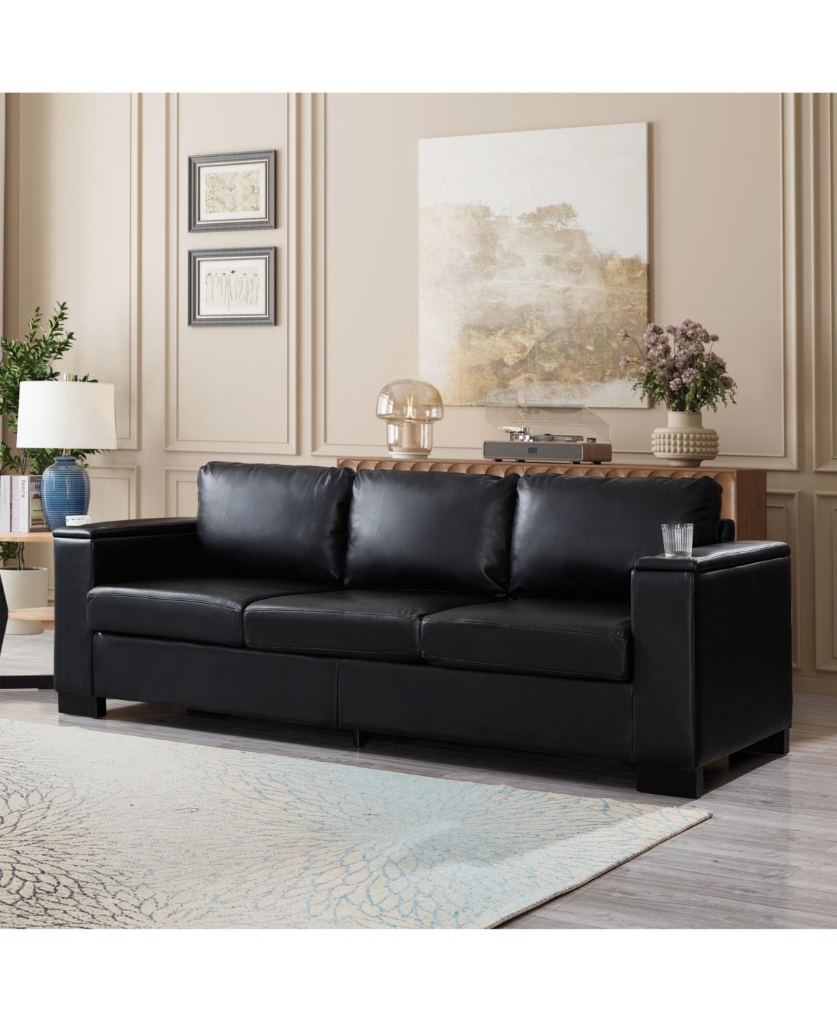 Streamdale Furniture Modern Black Faux Sofa with Cup Holder & Storage