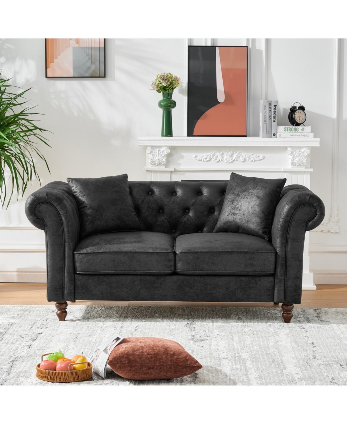 Streamdale Furniture 66" Chesterfield Tech Fabric Sofa, Mid Century Modern Couch, Black