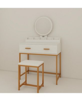 Streamdale White & Gold Vanity Set with Mirror, Stool, Drawers & Organizer