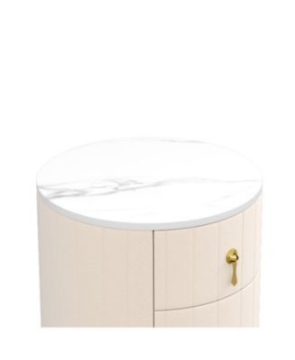 Upholstered Nightstand 2 Set, 3 Drawers, Round, Beige