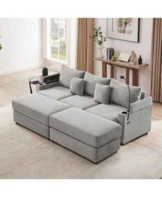 Modern 3-Seater Sectional Sofa w/ Storage, Ottomans, USB, Cup Holders - Grey