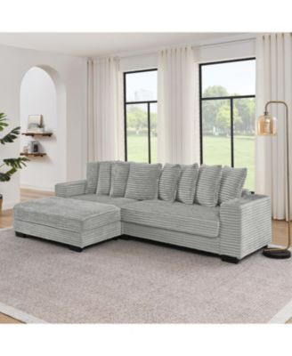 Corduroy Tufted Sleeper Sectional Sofa, L-Shaped Modular Convertible - Gray