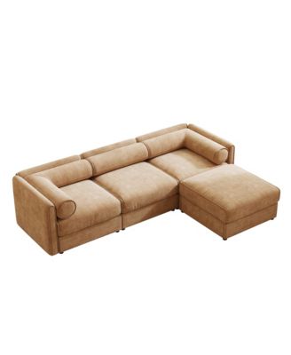 Streamdale Camel Chenille Sofa with Storage Ottoman, L-Shaped 3-Seater Couch