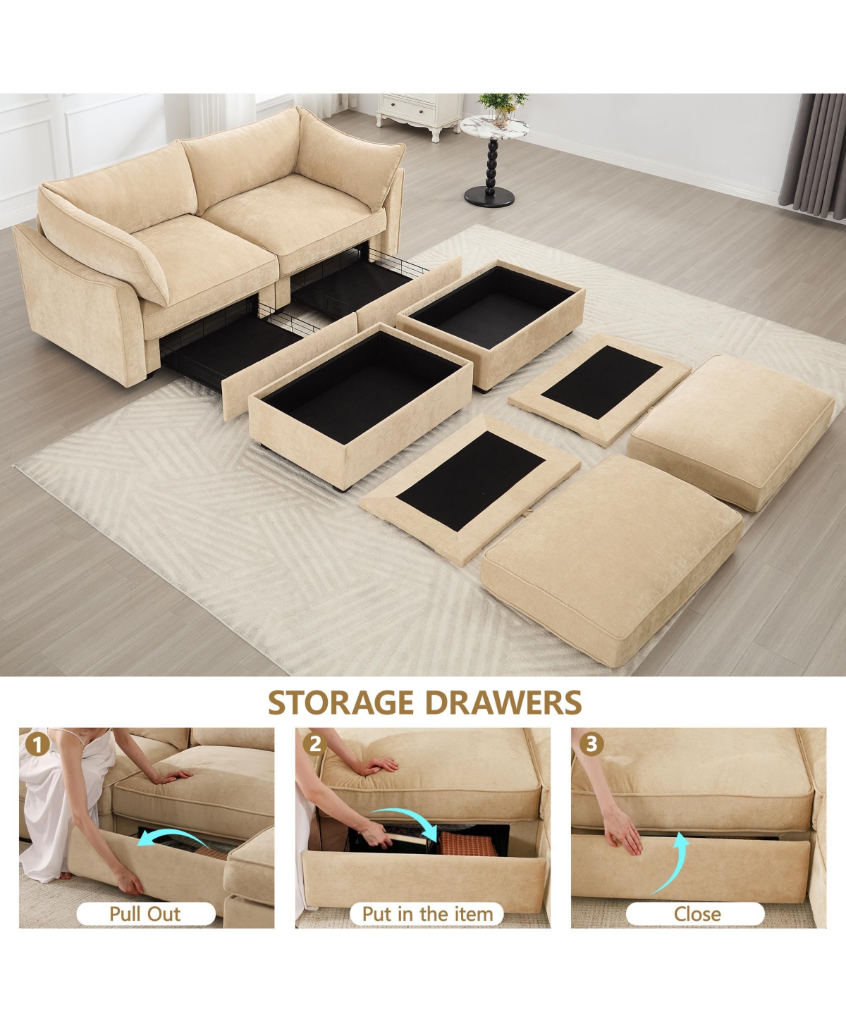 Streamdale Furniture Chenille Wheat 2-Seater Sofa with Storage Drawers