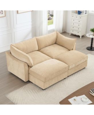 Chenille 2-Seater Sofa with Storage & Footstools - Wheat