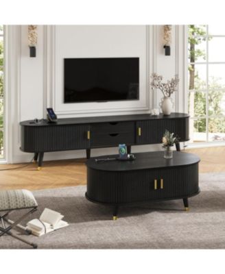 Streamdale Farmhouse TV Stand & Coffee Table Set, Charging Station, Black