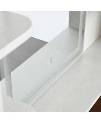 Farmhouse Vanity Desk with Mirror, Lights, Charging Station, Stool