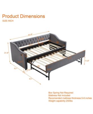  Twin Upholstered Daybed with Trundle, USB, Pockets, Velvet, Button Tufted