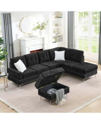 Sectional Sofa with Reversible Chaise, Storage Ottoman, Metal Legs, Pillows, Black