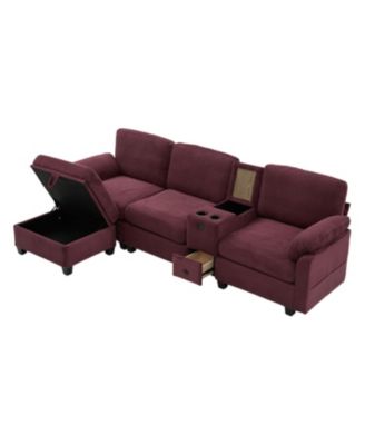 L-Shape Corduroy Sofa- 4-Seater, USB, Storage, Console & Ottoman