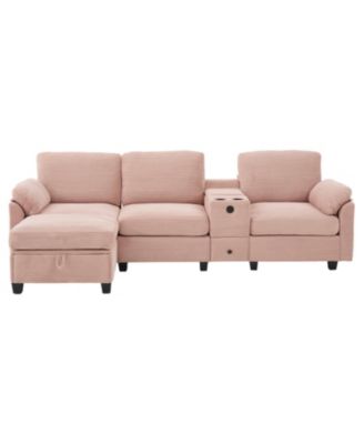 L-Shape Corduroy Sofa- 4-Seater, USB, Storage, Console & Ottoman