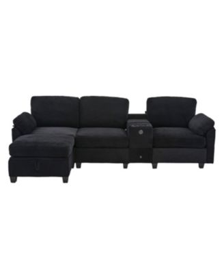 L-Shape Corduroy Sofa- 4-Seater, USB, Storage, Console & Ottoman