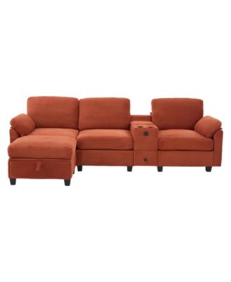 L-Shape Corduroy Sofa- 4-Seater, USB, Storage, Console & Ottoman