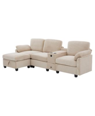  L-Shape Corduroy Sofa- 4-Seater, USB, Storage, Console & Ottoman