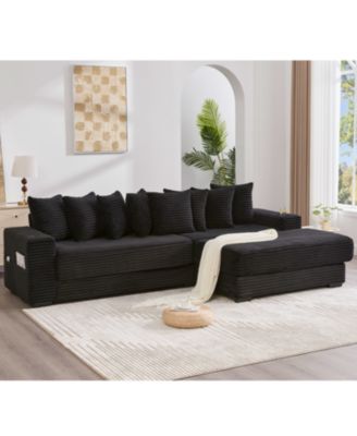 Corduroy L-Shaped Sectional Sofa Bed with Ottoman, Pillows & Cup Holders - Black