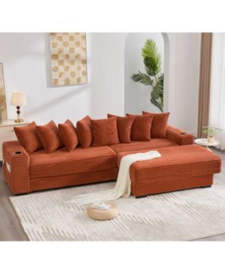 Corduroy L-Shaped Sectional Sofa Bed w/ Footstool, Pillows & Cup Holders
