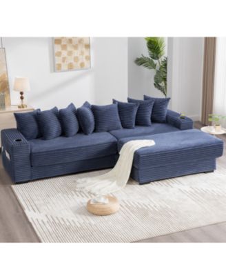  Corduroy L-Shaped Sectional Sofa with Ottoman, Pillows, & Cup Holders - Blue