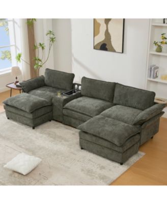 U-Shaped Sectional Sofa- Storage, Wireless Charging, Bluetooth, Green