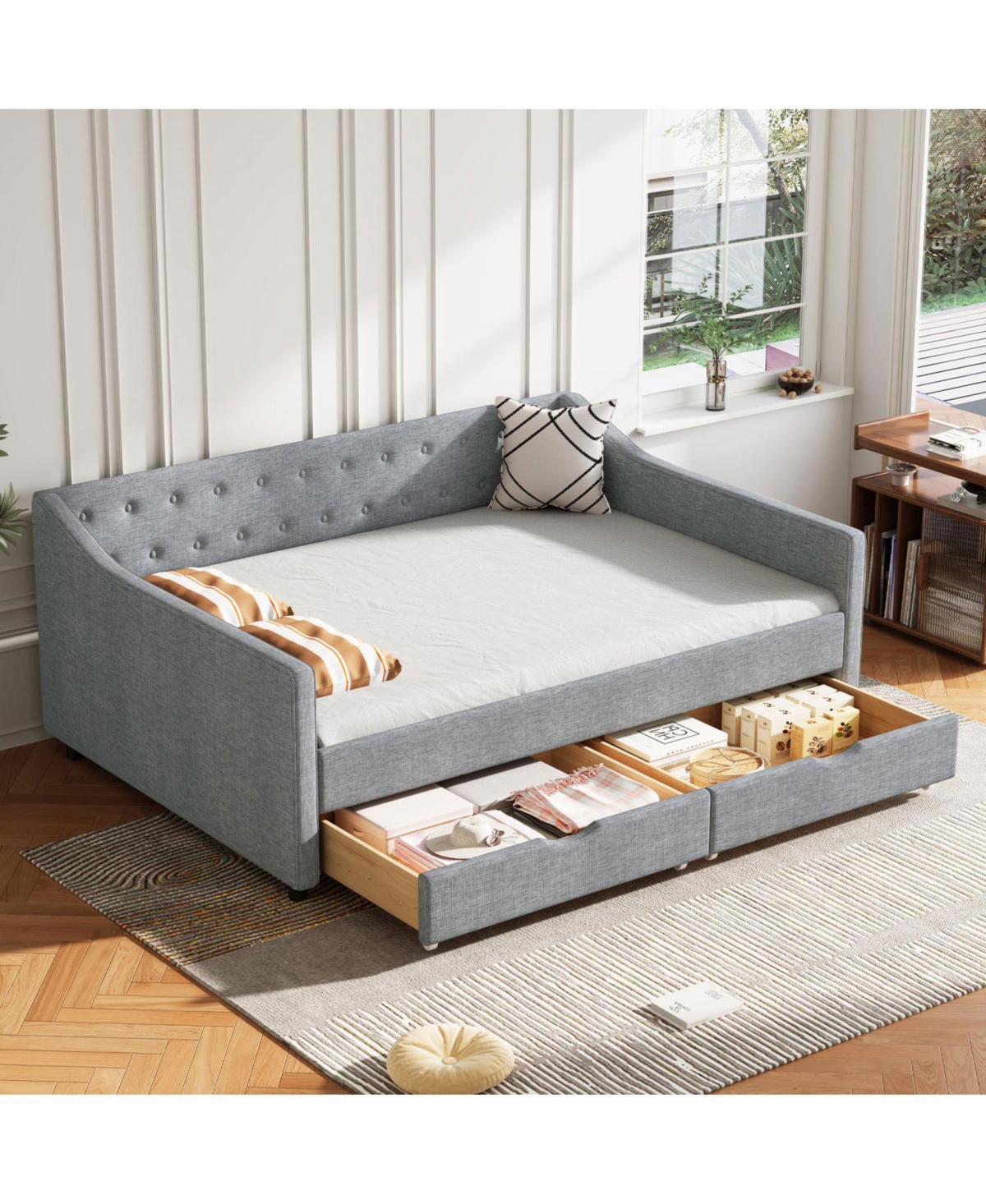 Streamdale Furniture Upholstered Daybed with Drawers & Tufted Back - Light Grey