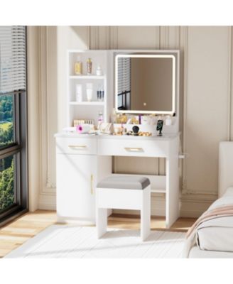 Vanity Desk with Lighted Mirror, Power Outlet & Storage