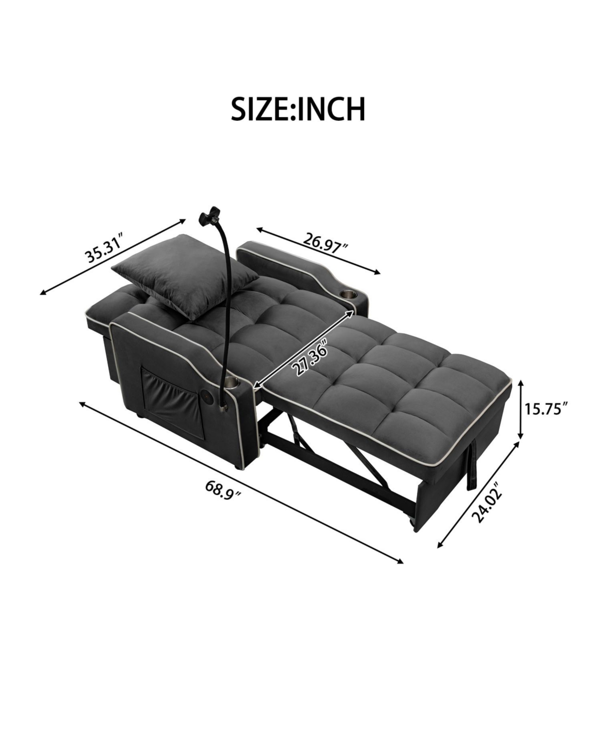 Streamdale Convertible Velvet Futon Sleeper Chair Bed w/ Usb & Phone Holder (Black)