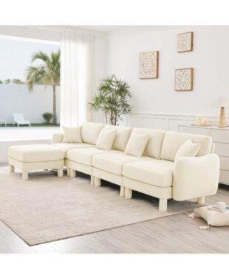  Beige Boucle Convertible Sectional Sofa with Ottoman