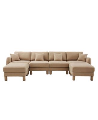 Boucle U-Shape Sectional Sofa with Ottomans & Shell Armrests, Coffee