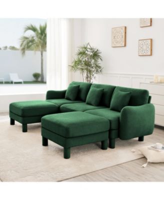 Boucle U-Shape Sectional Sofa with Ottomans, Shell Armrests, Green