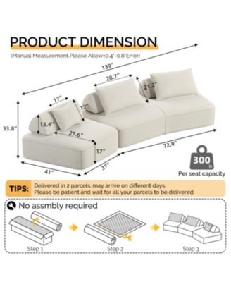 139" Modern Chenille Sectional Sofa with Pillows & Removable Backrests.