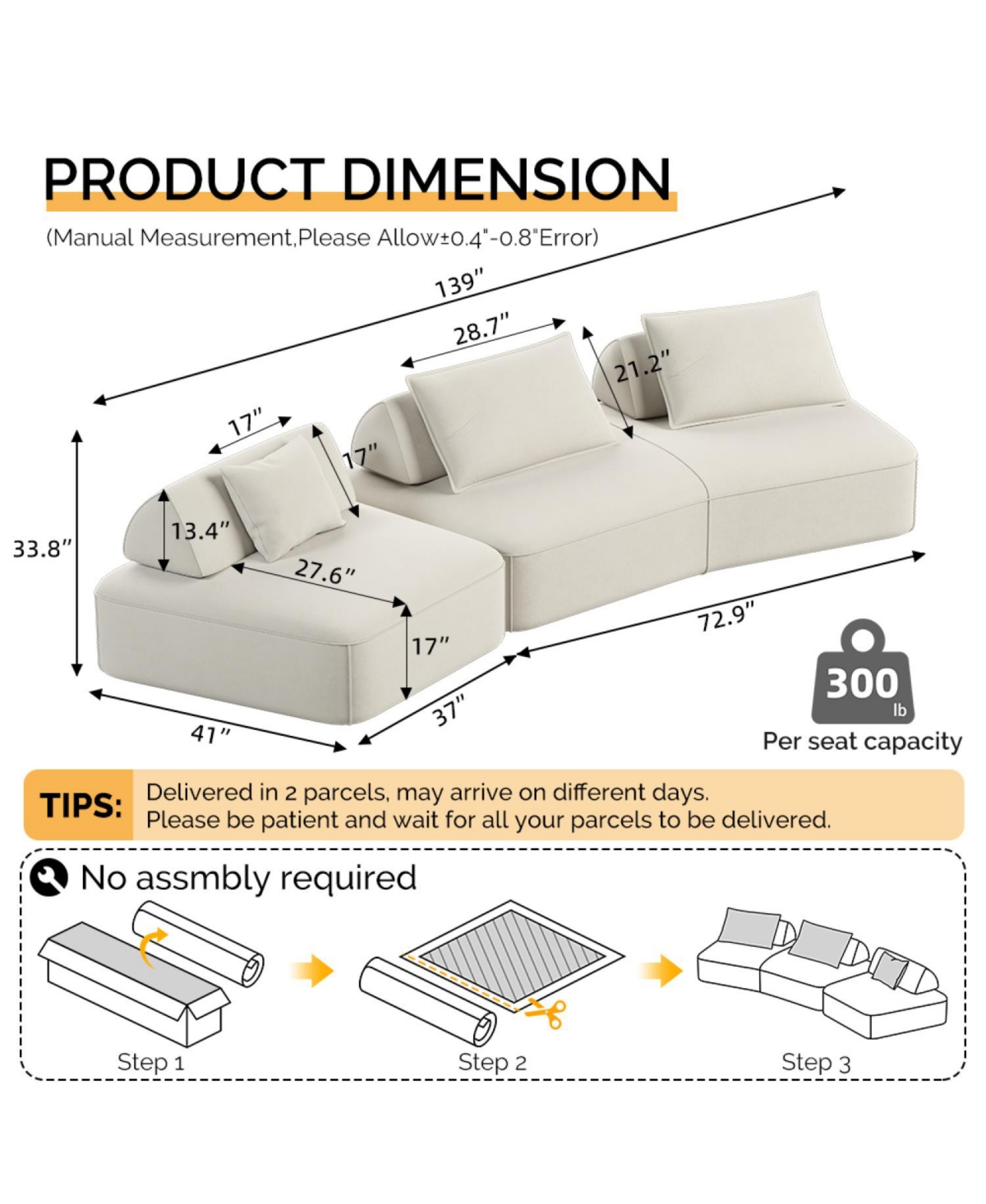 Streamdale Furniture 139" Modern Chenille Sectional Sofa with Pillows & Removable Backrests.
