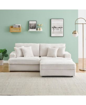 White Corduroy Sofa w/ Storage Leg & Pillows