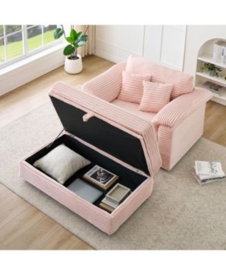 Corduroy Armchair + Storage Stool Set w/ USB - Pink