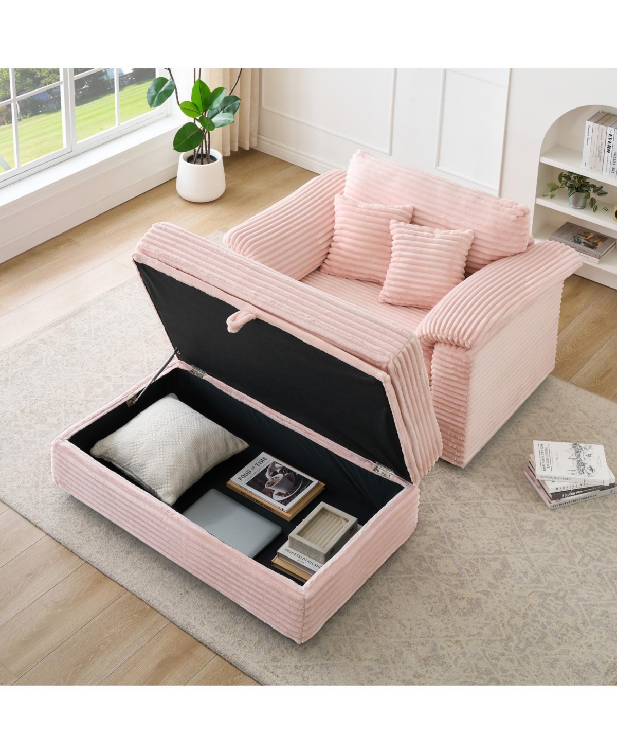 Streamdale Furniture Corduroy Armchair + Storage Stool Set w/ Usb - Pink