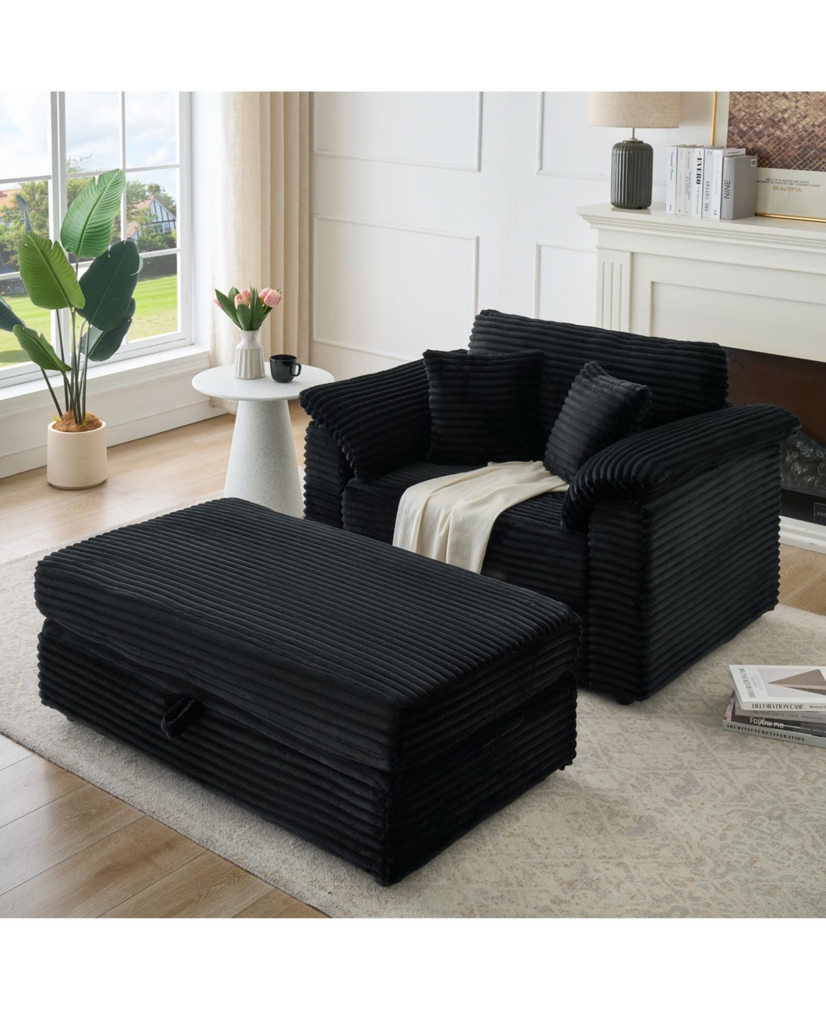Streamdale Corduroy Armchair Set w/ Usb & Storage - Black