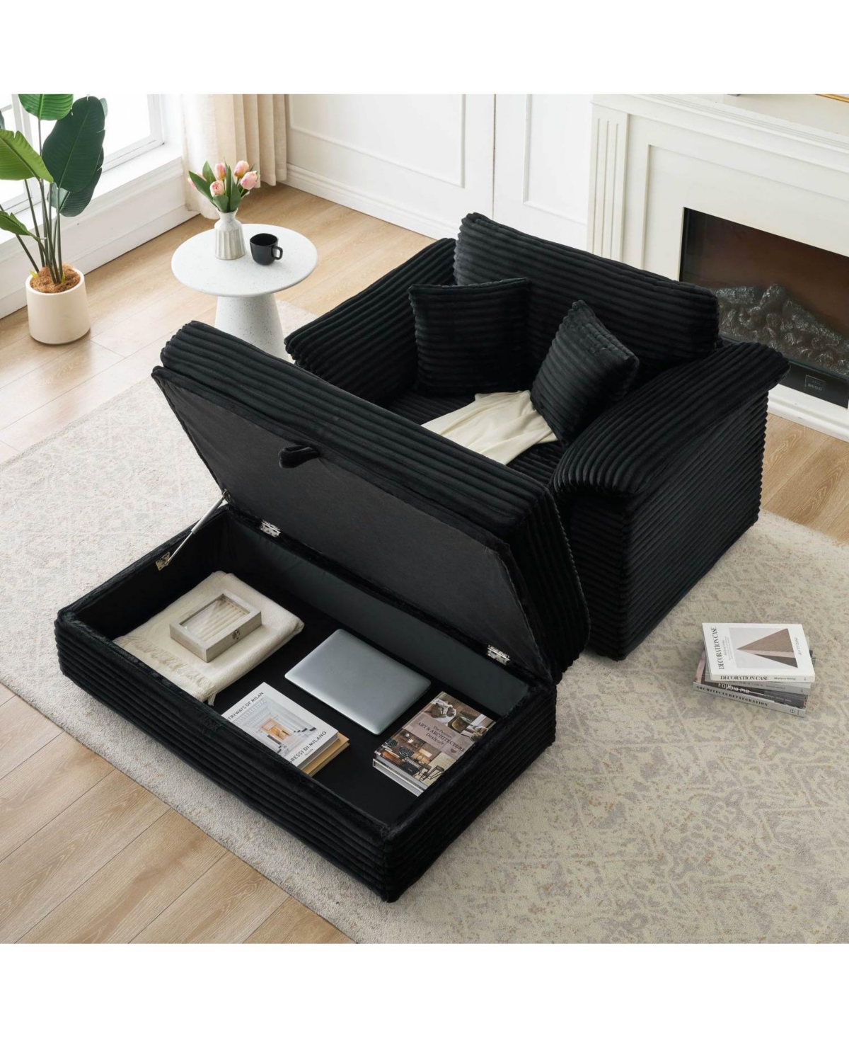 Streamdale Corduroy Armchair Set w/ Usb & Storage - Black