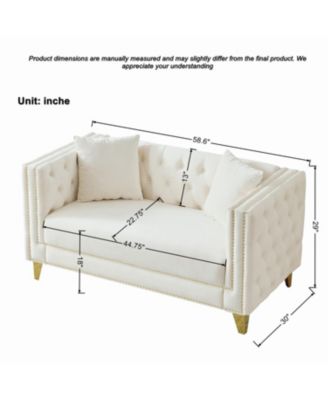 58" Chesterfield Velvet Sofa, 2 Seater, Button Nailhead, Beige